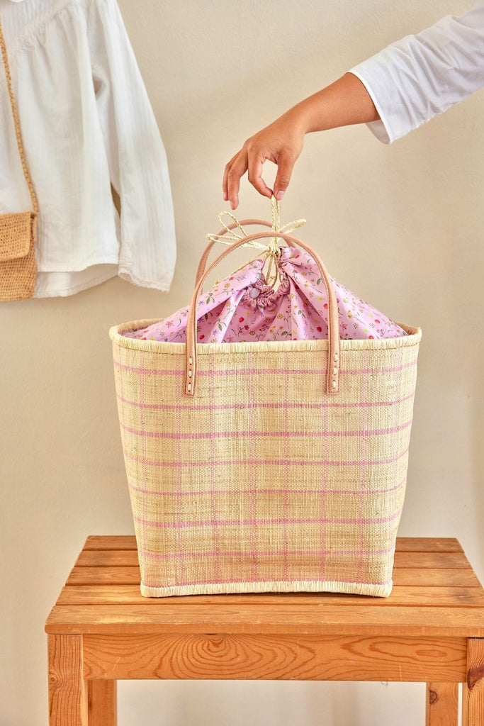Rice Raffia Tasche Soft Pink Check Design